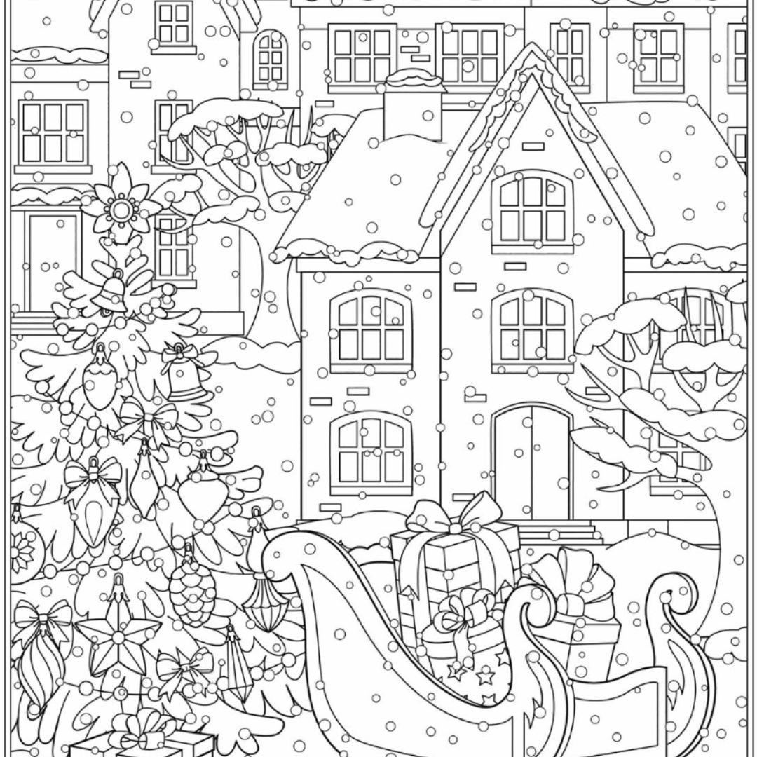 UK GC winter village colouring page – castle arts