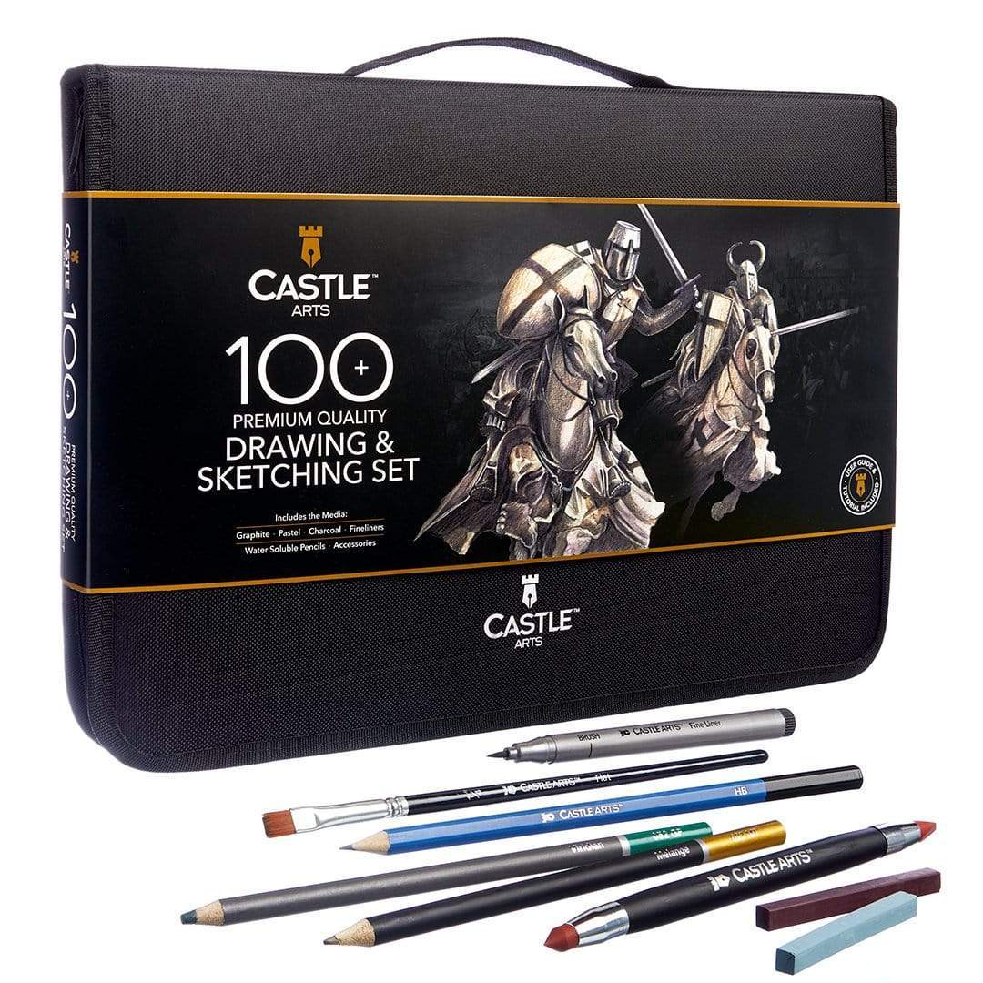 Castle Art Supplies 100 Piece Drawing & Sketching Set | Graphite, Charcoal, Pastel, Metallic & Water Soluble Pencils + Sticks, Fineliners | for