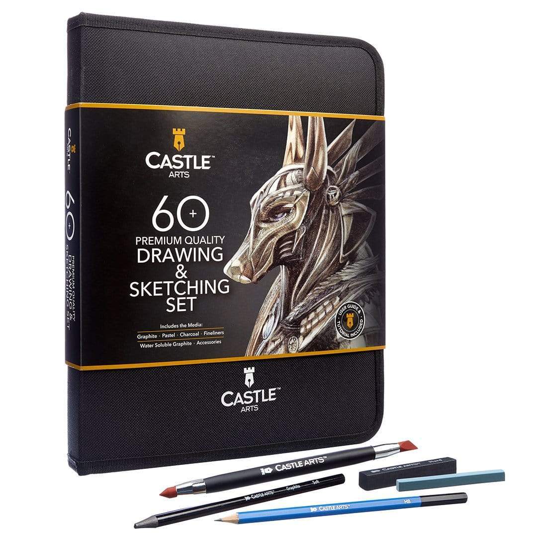 Castle Art Supplies 60 Piece Drawing & Sketching Set | Quality Graphite, Charcoal, Pastel, Water Soluble Pencils + Sticks, Fineliners | for