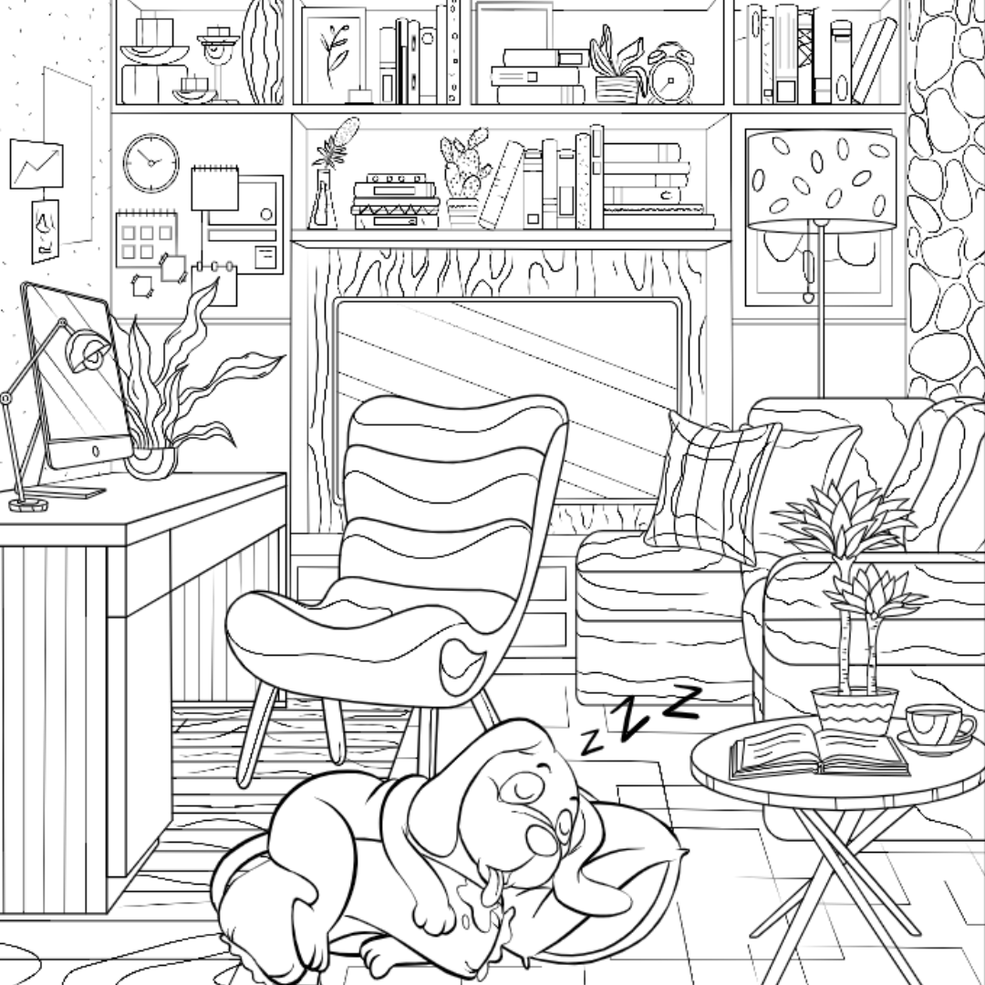 Home Library with Dog Coloring Page – Castle Arts