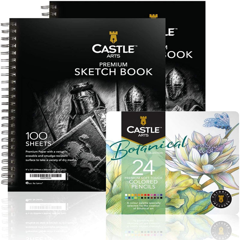 24 Piece Botanical Colored Pencils Set & 2 Sketchbooks Artist Bundle