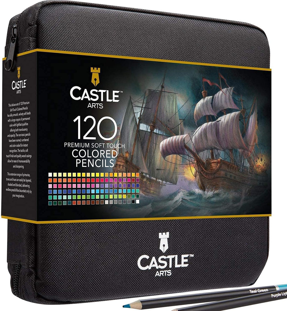 Castle Art Supplies Gold Standard 120 Coloring Pencils Set with Extras |  Quality Oil-based Colored Cores Stay Sharper, Tougher Against Breakage |  For