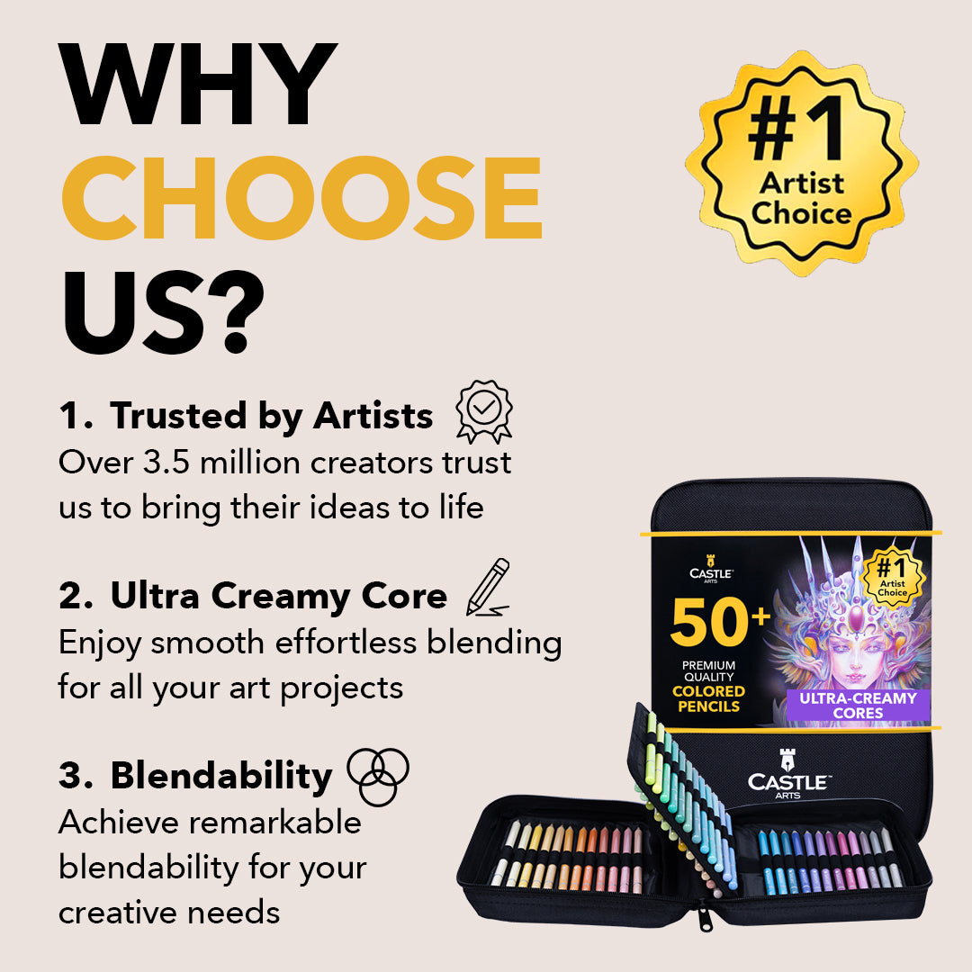 Castle Arts 50 Piece Pasteltint Colored Pencil Set in Zip Up Case