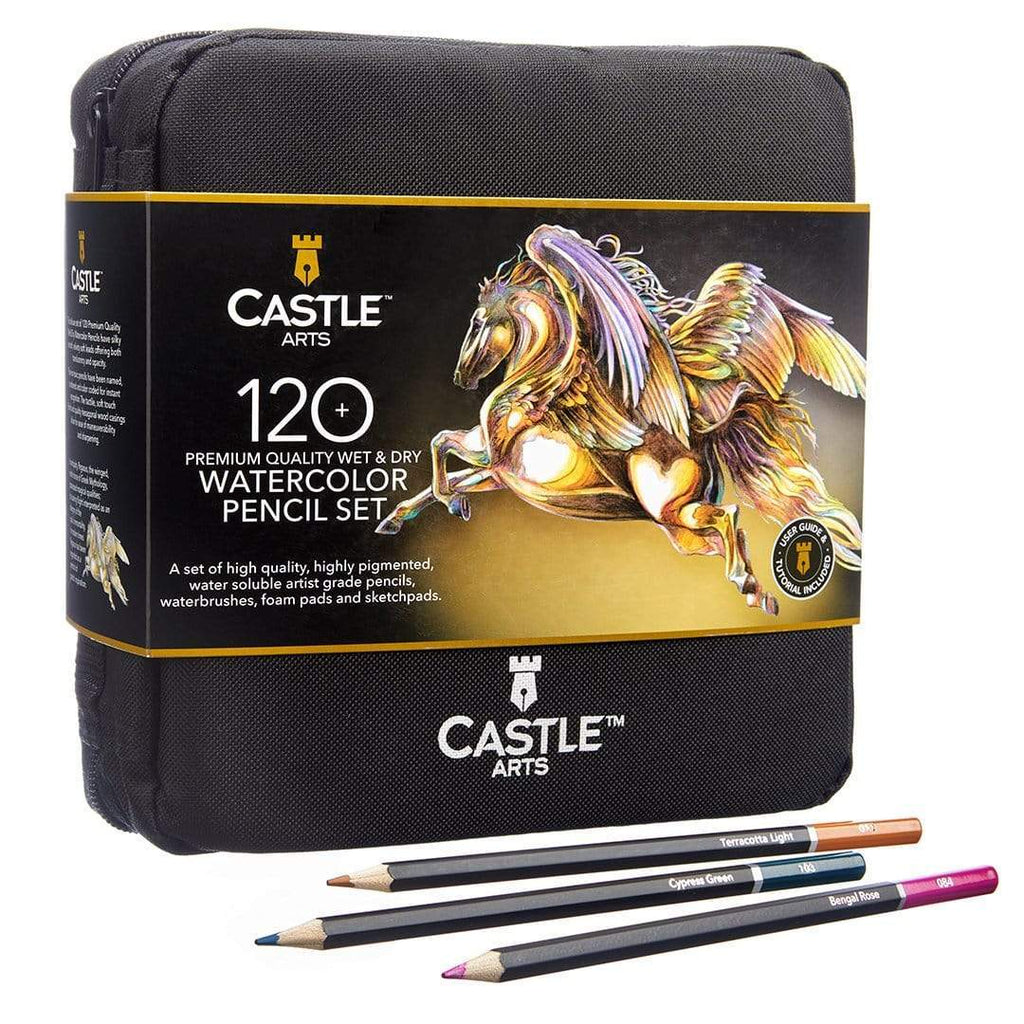  Castle Art Supplies 120 Watercolor Pencils Set with Extras, Quality Vibrant Pigments, Draw and Paint at the Same Time, For Adult  Hobbyists, Professionals