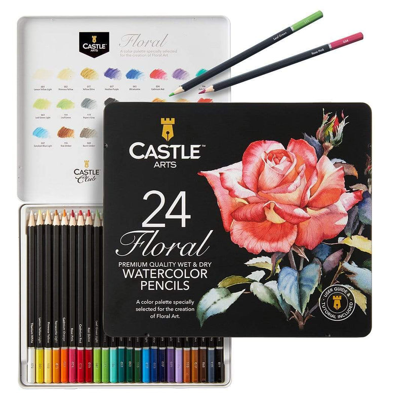24 Piece Floral Botanical Watercolor Pencil Set in Display Tin