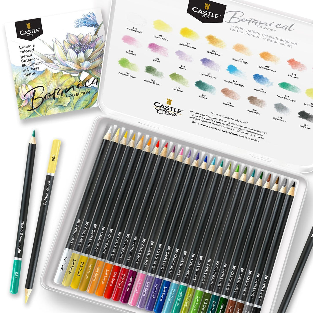 Castle Arts Themed 24 Colored Pencil Set in Tin Box Perfect Colors for ‘Botanical’ Art. Featuring Quality Smooth Colored Cores Superior